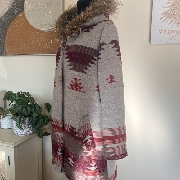 BB DAKOTA Southwest Aztec Coat Jacket Faux Fur Hood Women's Sz L Wool Blend Rust - Picture 5 of 10